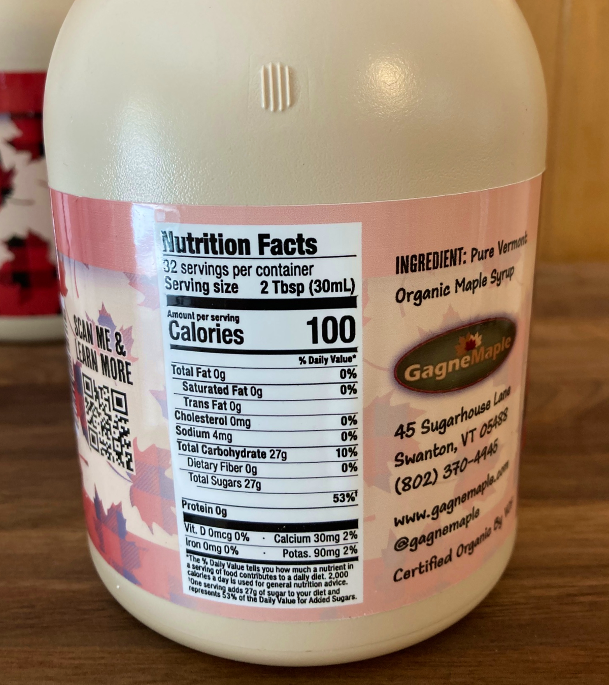 100% Pure ORGANIC Vermont Maple Syrup, Quart Jug (32 oz.)